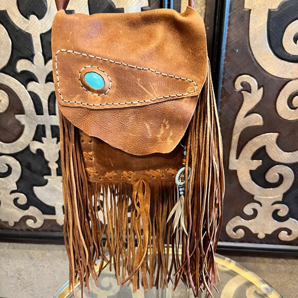 Western leather fringe turquoise stone flap crossbody - Picture 3 of 7